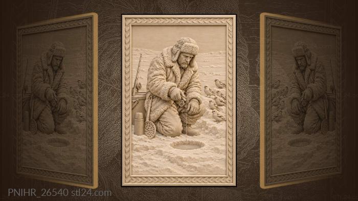 Angler in a sheepskin coat turning his reel 3d STL model