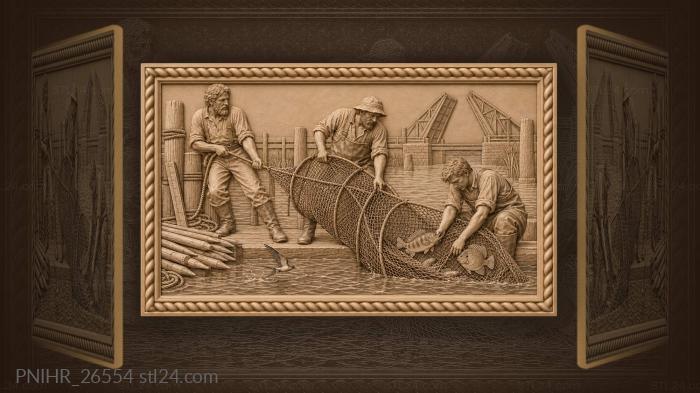 Fishermen hauling fyke net catch 3d STL model