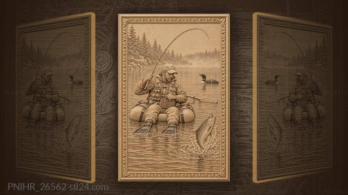 Fly angler fighting a trout on the lake 3d STL model