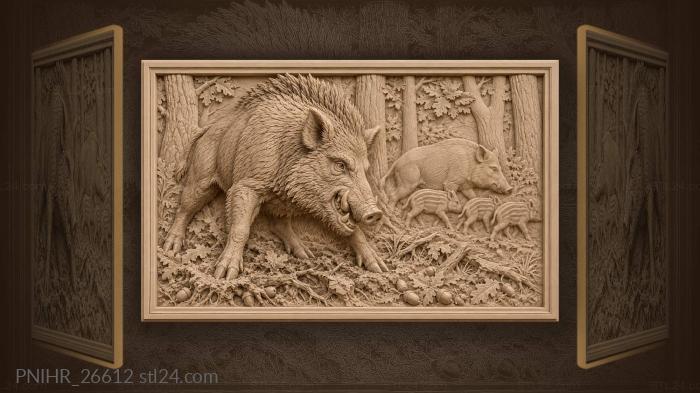 Wild boar guards retreating piglets 3d STL model