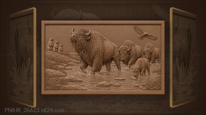 Bison crossing prairie stream with hawk 3d STL model