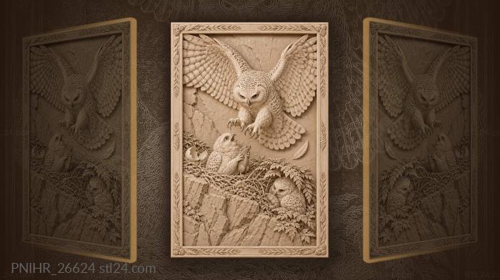 Snowy owl dropping to chicks with a lemming 3d STL model