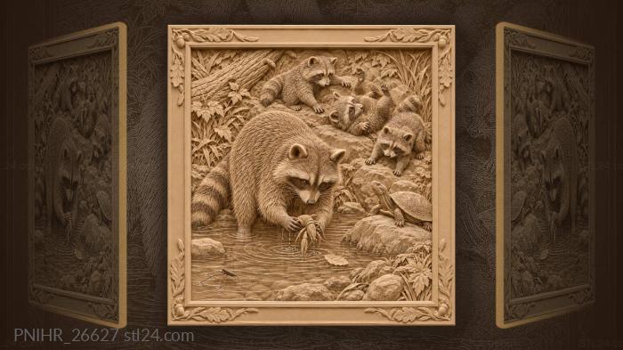 Raccoon washes crayfish beside tumbling kits 3d STL model