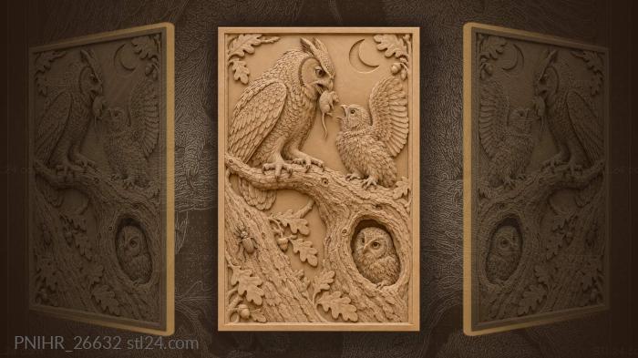 Owl family on branch feeding 3d STL model