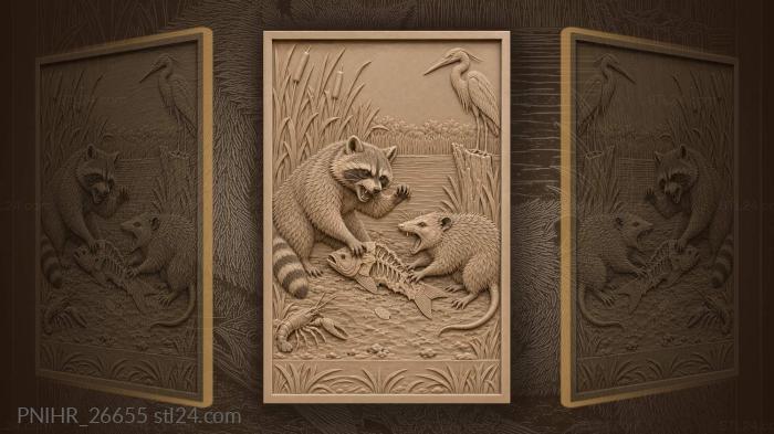 Raccoon opossum riverbank fish fight 3d STL model