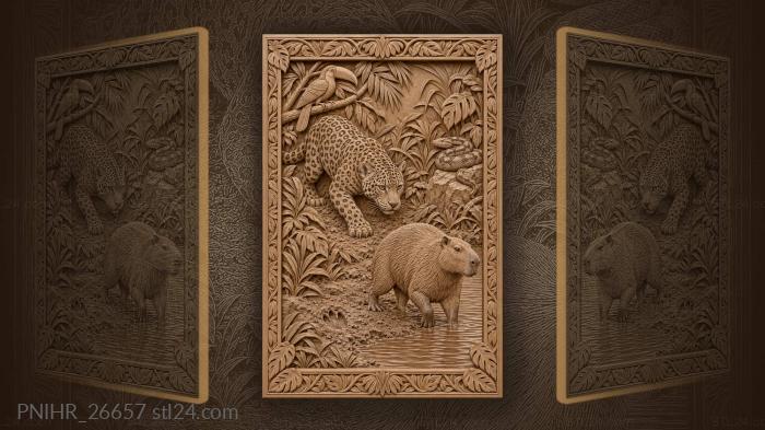 Jaguar hunts capybara river scene 3d STL model