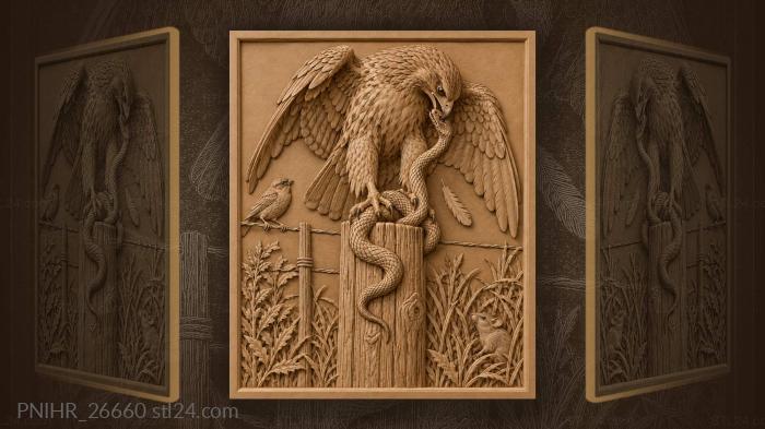Hawk tears snake atop fence post 3d STL model