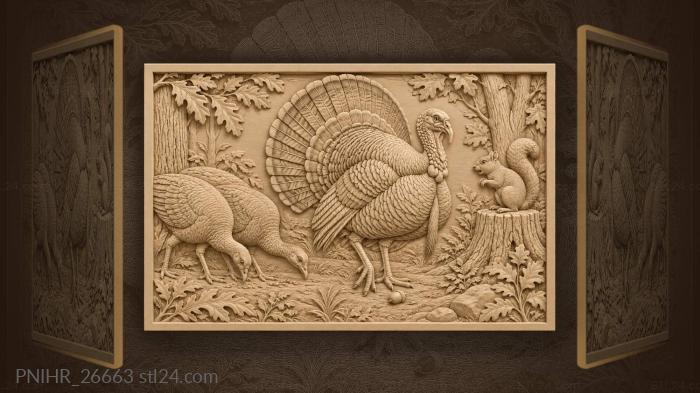 Wild turkeys in autumn forest 3d STL model