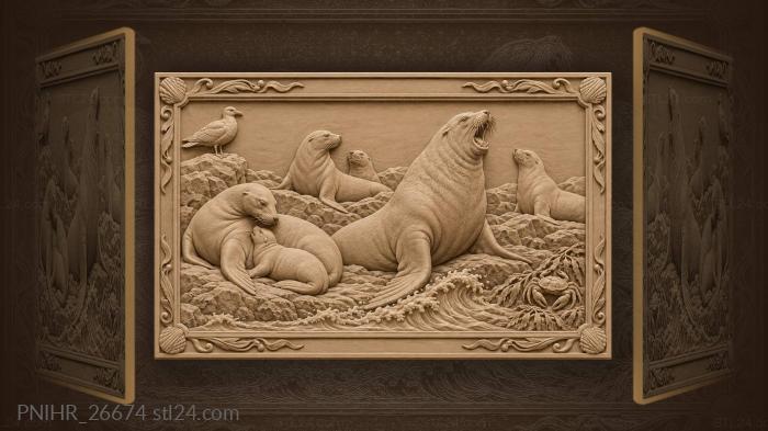 Sea lions basking rocky shore life 3d STL model