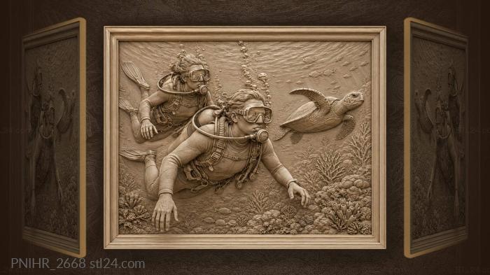 Divers and gentle sea turtle 3d STL model