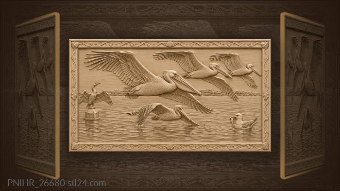 Pelicans over tranquil bay with cormorant 3d STL model