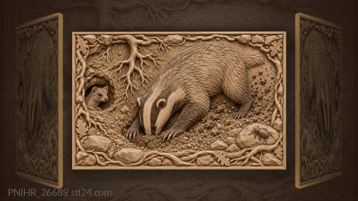 Badger digging with curious weasel 3d STL model
