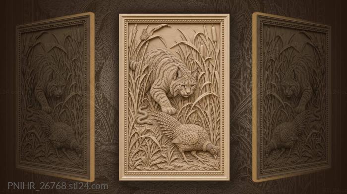 Wildcat creeping toward pheasant in reeds 3d STL model