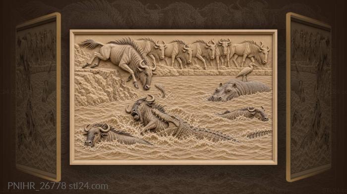 Wildebeest crossing dangerous crocodile river 3d STL model