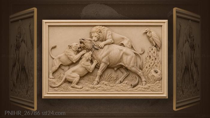 Lions hunting buffalo dramatic scene 3d STL model