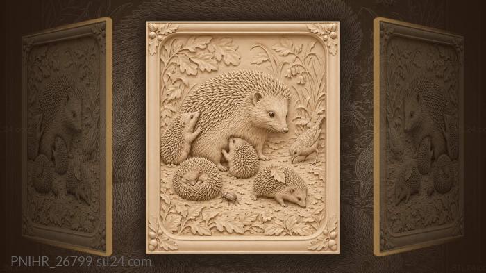 Hedgehog family in autumn forest 3d STL model