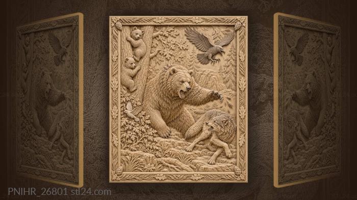 Bear protects cubs from wolf 3d STL model