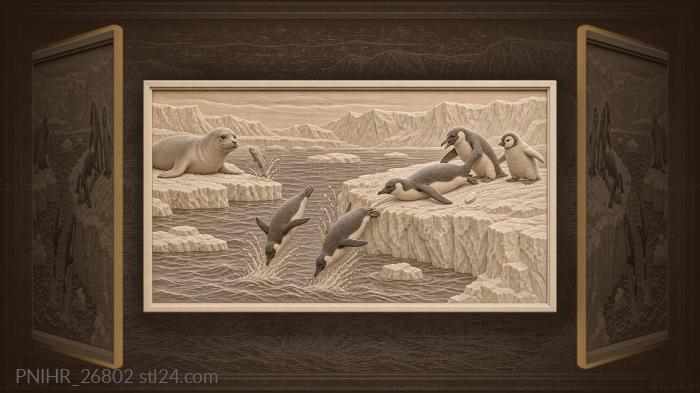 Penguins sliding playful winter scene 3d STL model