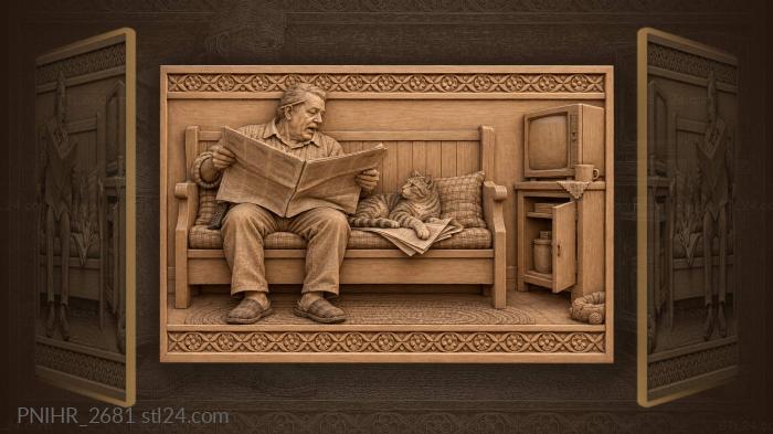 Man reading old newspaper to cat 3d STL model