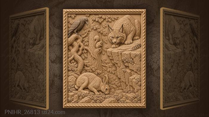Lynx on granite above a white hare 3d STL model