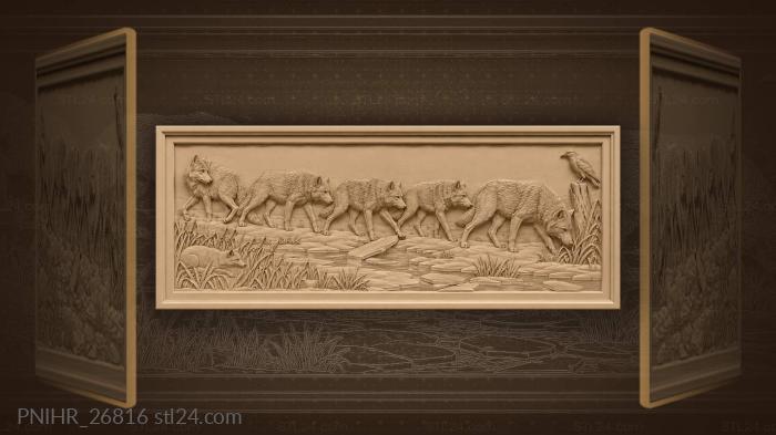 Five wolves in file across frozen marsh 3d STL model