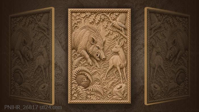 Boar rushing at a roe deer through bracken 3d STL model