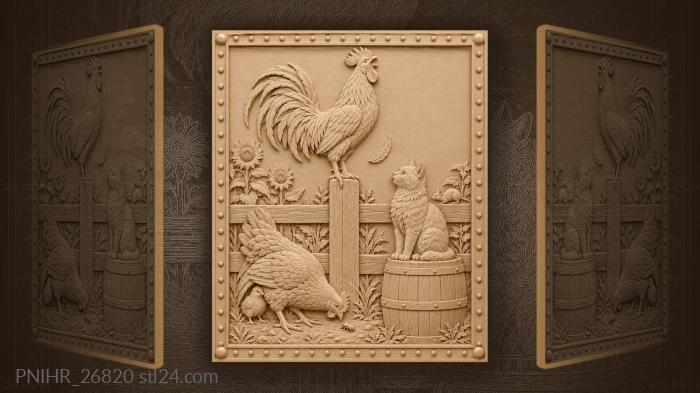 Rooster crowing with hen and cat 3d STL model