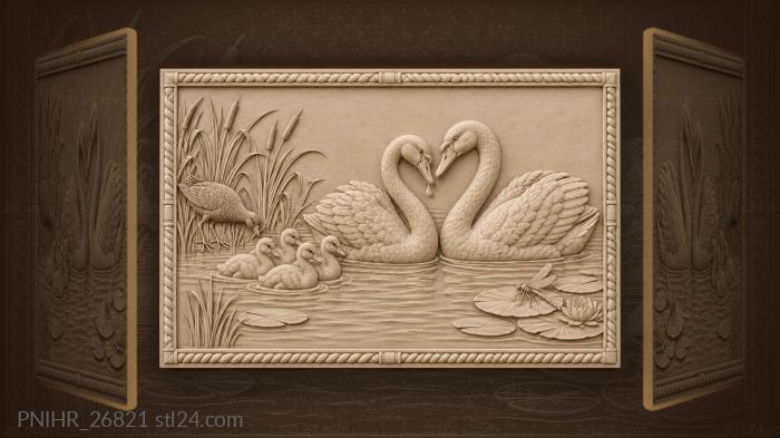 Swans with cygnets peaceful water scene 3d STL model