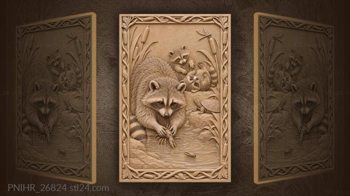 Raccoon mother with playful kits crawfish 3d STL model