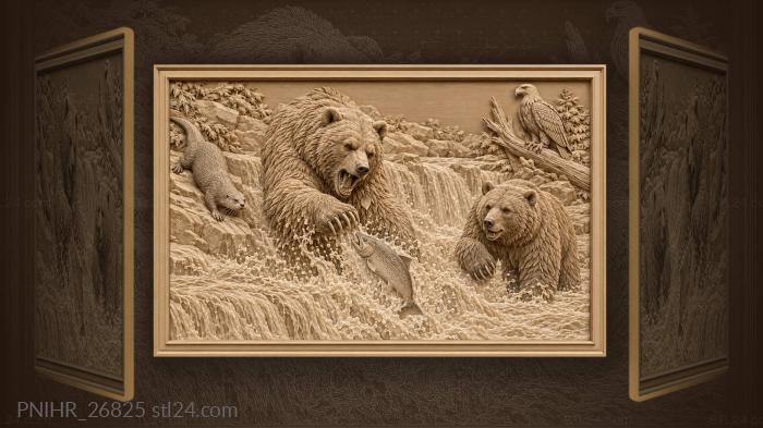 Grizzly bear fishing with eagle otter 3d STL model