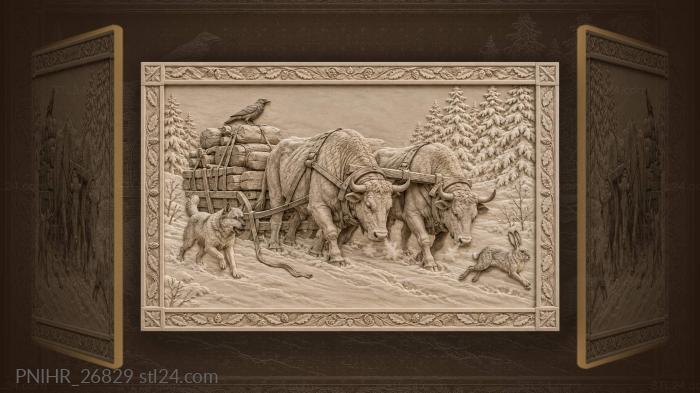 Winter haul with oxen and dog 3d STL model