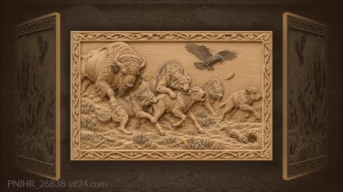 Predatory wolves and bison struggle 3d STL model