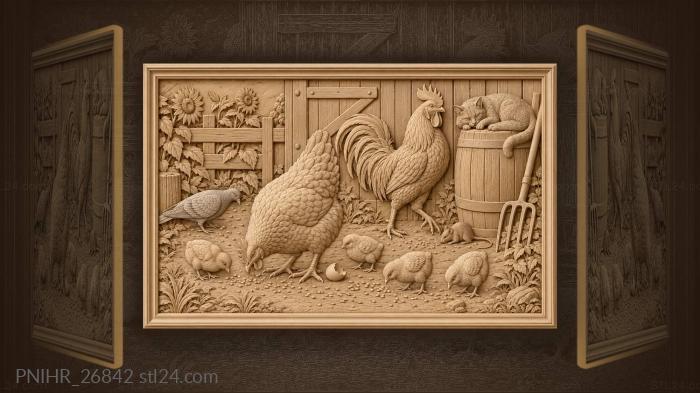 Hen with chicks in farmyard 3d STL model