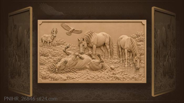 Wild horses rolling playful stream scene 3d STL model