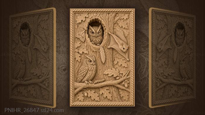 Owl peeking from hollow as squirrel glides 3d STL model
