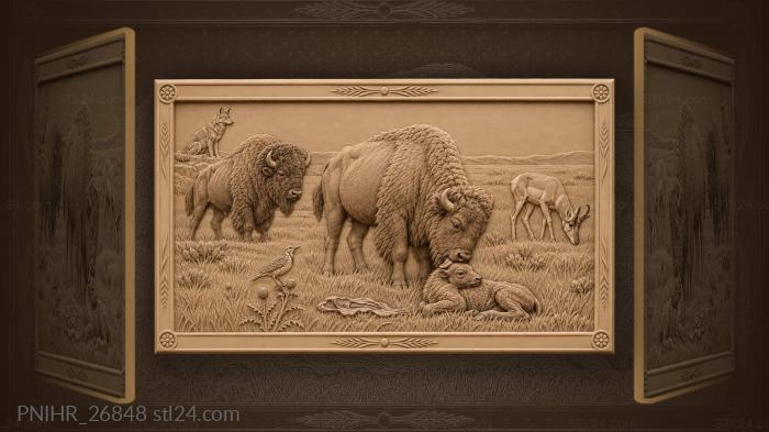 Wild bison family peaceful scene 3d STL model
