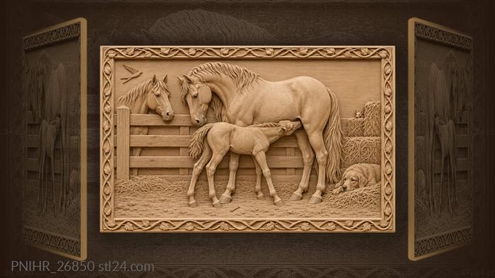 Mother horse with playful foal farm life 3d STL model