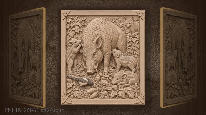 Wild boar family forest scene 3d STL model