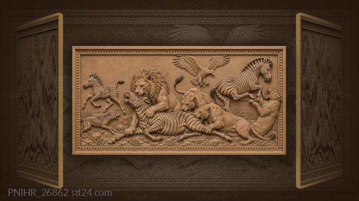 Lions hunting zebra dramatic wildlife scene 3d STL model