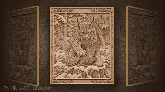 Lynx hunting grouse and watchful hare 3d STL model