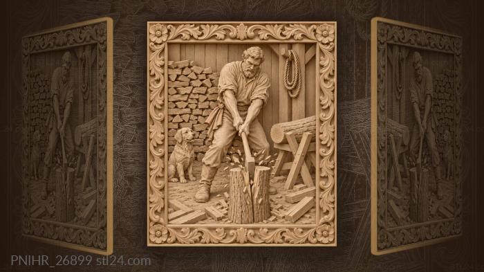 Strong woodcutter splitting logs heartily 3d STL model