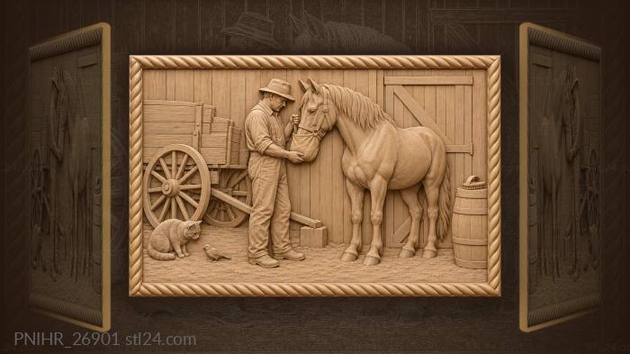 Horse feeding near stable and wagon 3d STL model