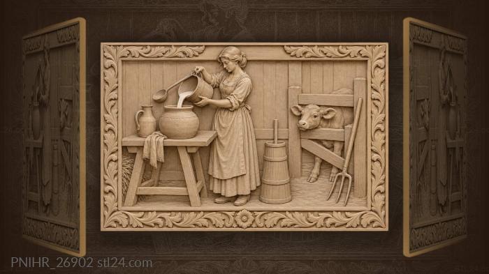 Country milkmaid with calf and churn 3d STL model