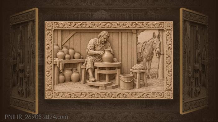 Potter at treadle wheel with drying pots 3d STL model