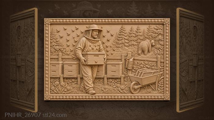 Apiarist carries hive as bear retreats 3d STL model