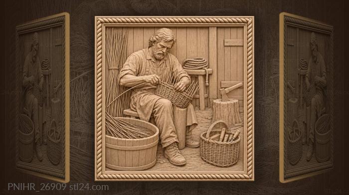 Craftsman weaves basket beside soaking tub 3d STL model