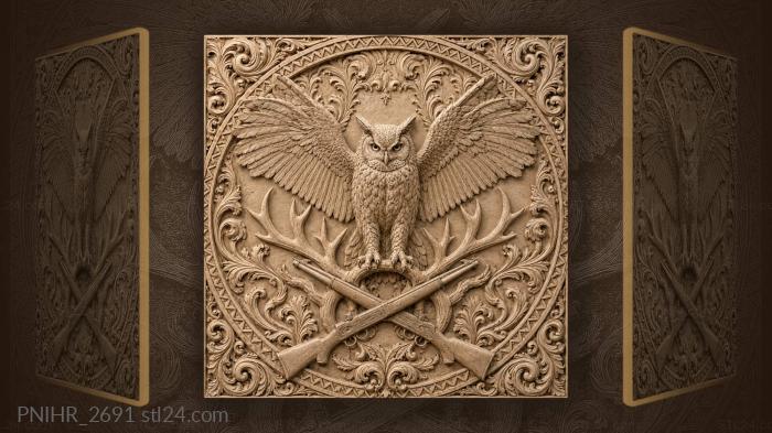 Owl on antlers above two crossed rifles 3d STL model