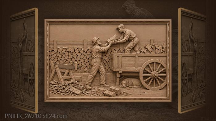 Two men loading logs onto a cart 3d STL model