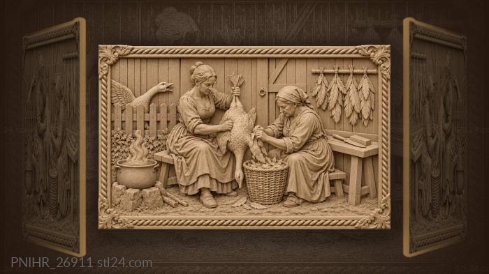 Geese plucking rural scene women 3d STL model