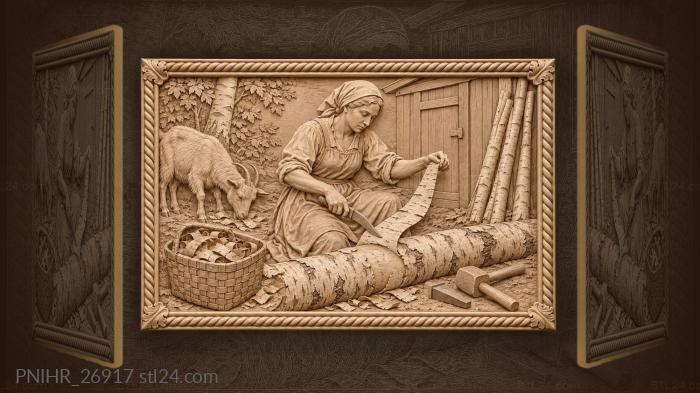 Birch bark harvest rustic scene 3d STL model